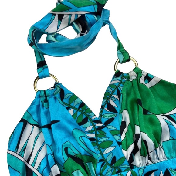 NEW Bebe Green and Blue Tropical Palm Leaf Print Halter Top Size Medium - Picture 6 of 6